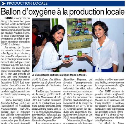 BUDGET 2020/21: Ballon d'oxygen à la production locale